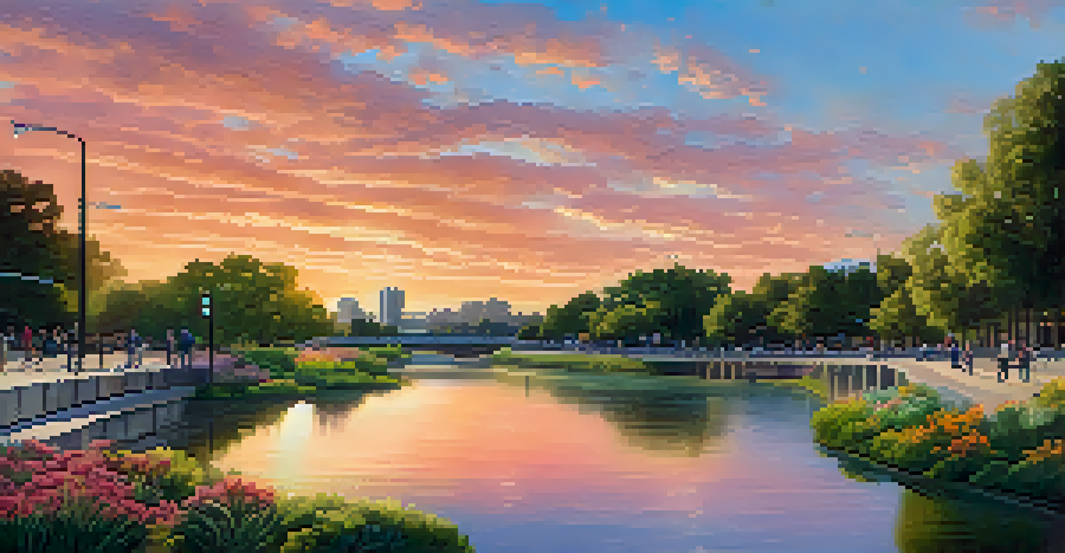 A before-and-after view of the Guadalupe River Park showing a polluted river contrasted with a clean, vibrant area filled with greenery and people.