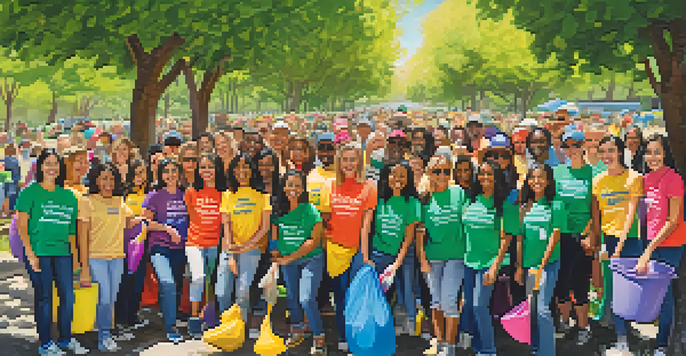 A group of diverse young volunteers participating in a community clean-up event in a park, surrounded by greenery and flowers, under a sunny sky.