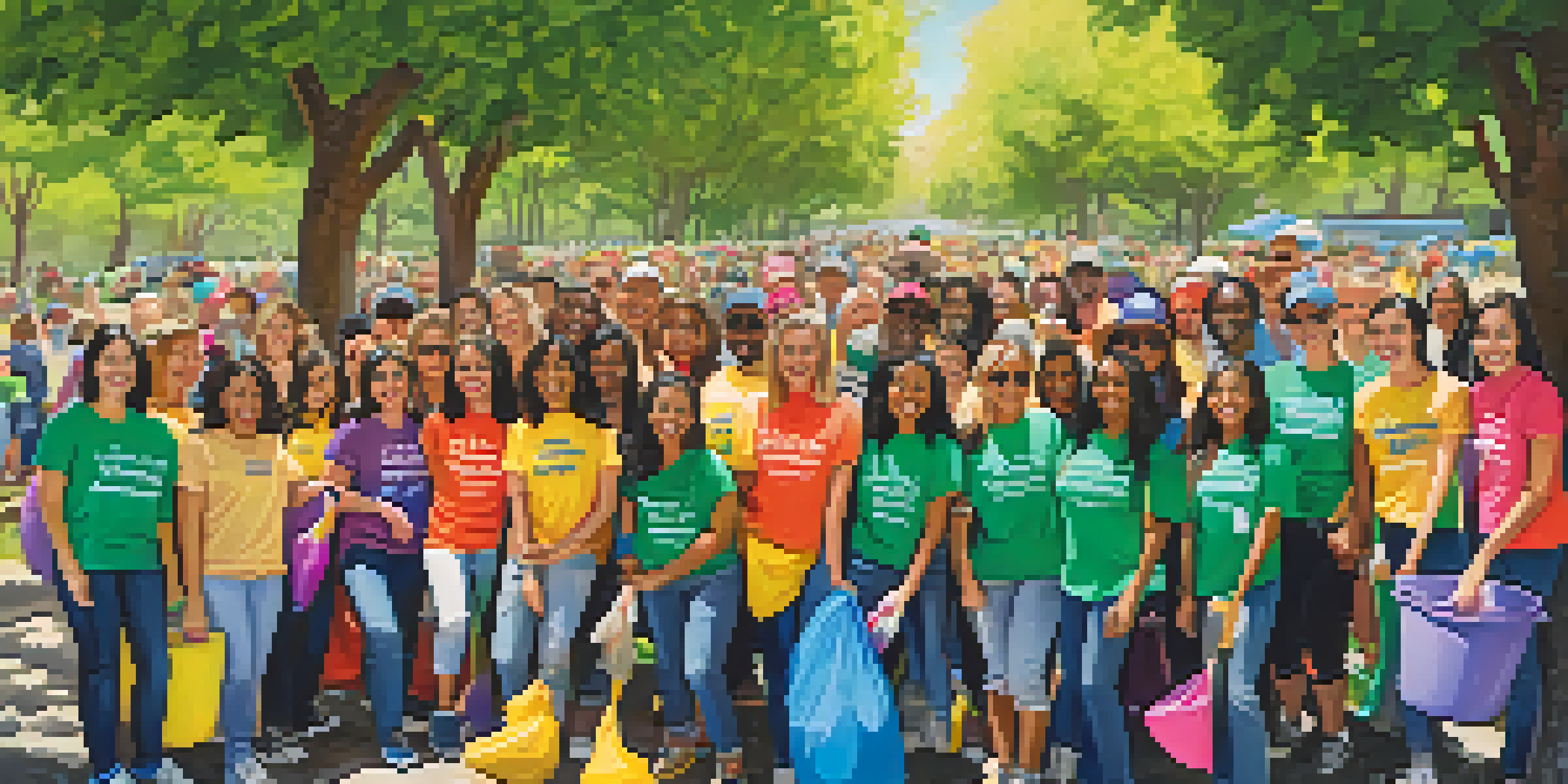 A group of diverse young volunteers participating in a community clean-up event in a park, surrounded by greenery and flowers, under a sunny sky.
