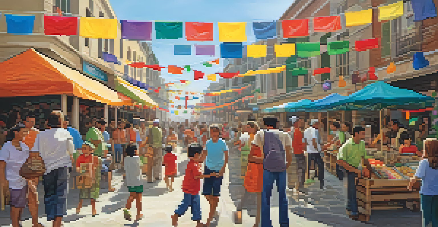A bustling festival street with artisans, vibrant banners, and families enjoying the community atmosphere.