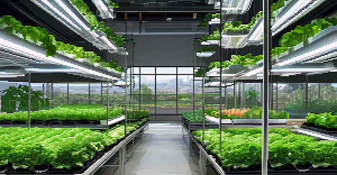 An indoor vertical farm featuring stacked layers of green vegetables and herbs, brightly lit by LED lights, with a city view of San Jose in the background.