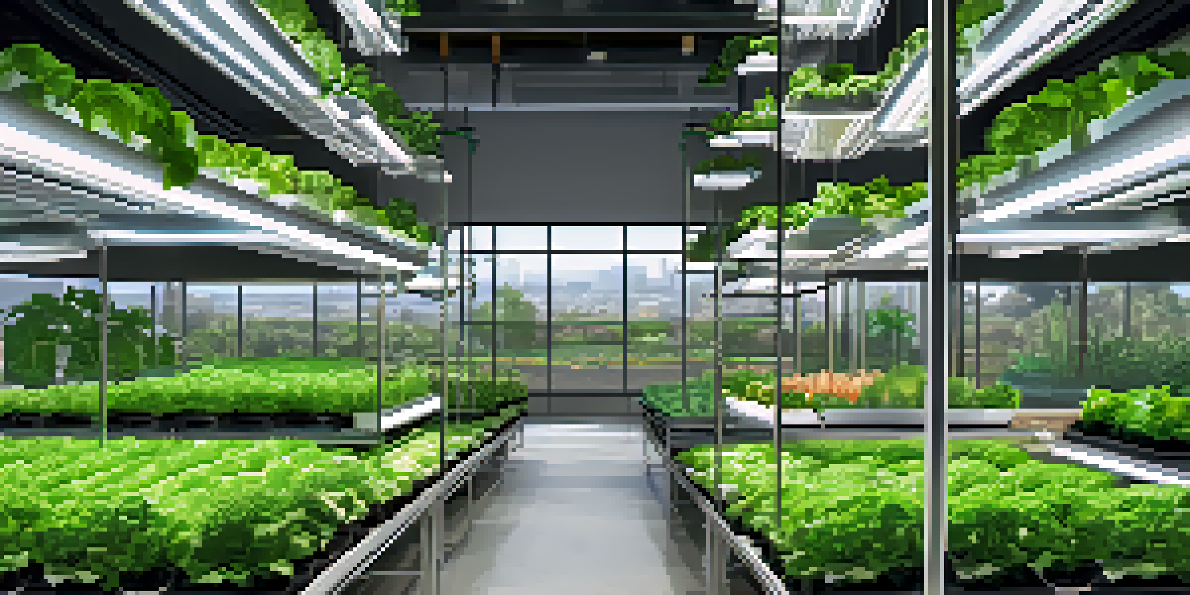 An indoor vertical farm featuring stacked layers of green vegetables and herbs, brightly lit by LED lights, with a city view of San Jose in the background.