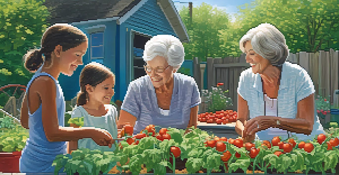 A grandmother teaches her grandchild how to plant tomatoes in a community garden filled with green plants and colorful flowers, under a sunny sky.