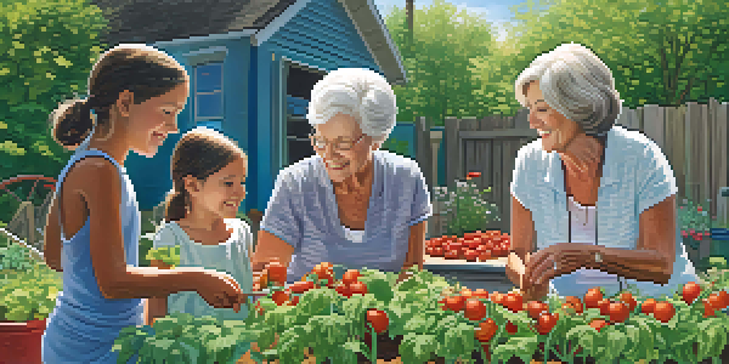 A grandmother teaches her grandchild how to plant tomatoes in a community garden filled with green plants and colorful flowers, under a sunny sky.