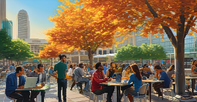 A lively outdoor café in downtown San Jose with diverse professionals working on laptops, surrounded by modern skyscrapers reflecting the sunset.