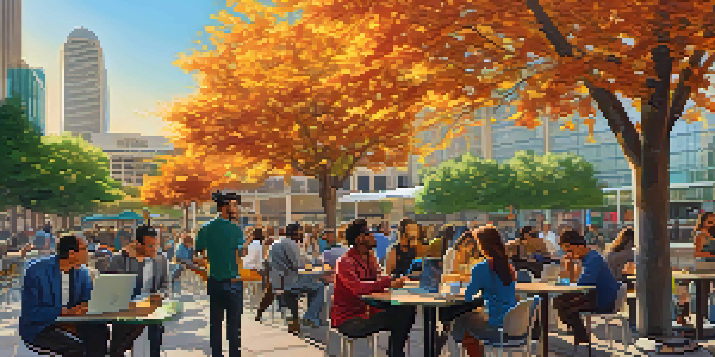 A lively outdoor café in downtown San Jose with diverse professionals working on laptops, surrounded by modern skyscrapers reflecting the sunset.