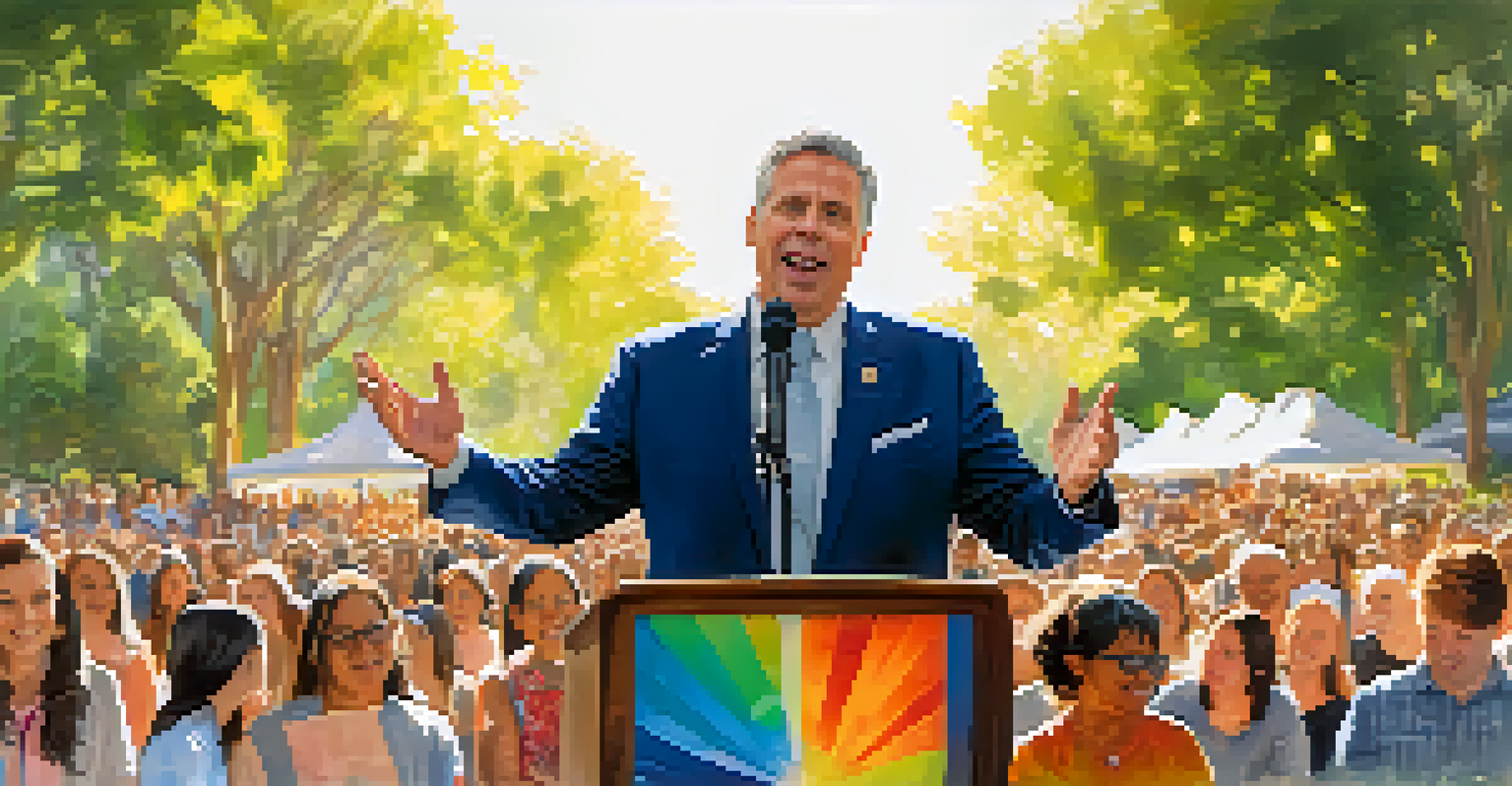 The Mayor of San Jose speaking at a podium in a park during a public event, with greenery and engaged attendees in the background.