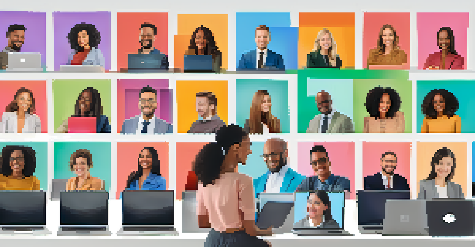 A virtual meeting with diverse professionals on their laptops, displaying cheerful faces and colorful backgrounds.