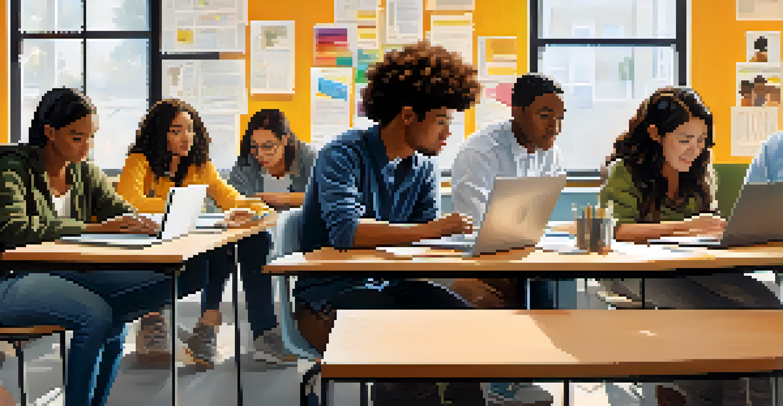 A diverse group of students engaged in a workshop in a modern classroom, collaborating with laptops and notes.