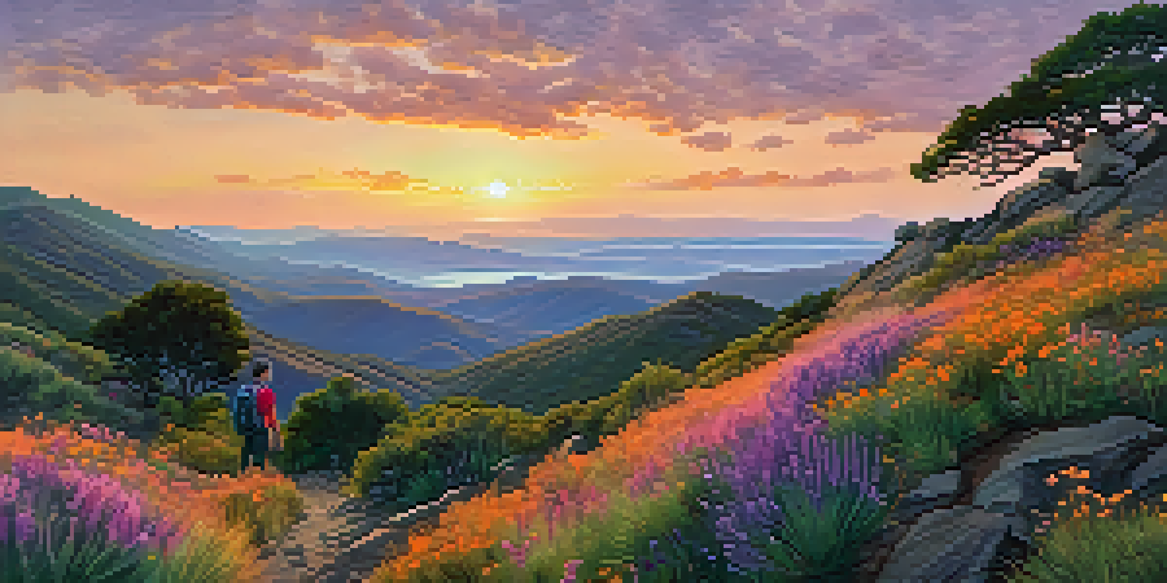A hiker stands on a rocky outcrop at Mount Hamilton during sunset, surrounded by vibrant colors in the sky and blooming wildflowers in the foreground.