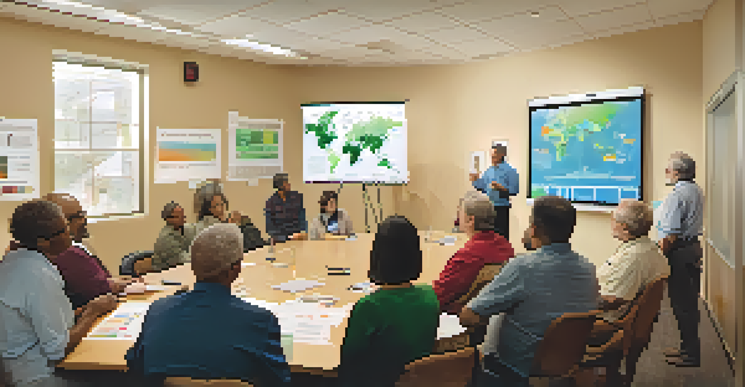 A town hall meeting with community members discussing air quality, surrounded by charts and posters, in a warm and inviting room.