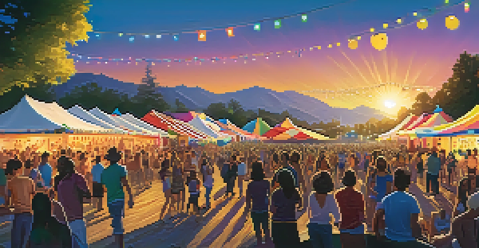 A lively outdoor music festival with a diverse crowd enjoying performances, colorful banners, food stalls, and musicians on stage during sunset.