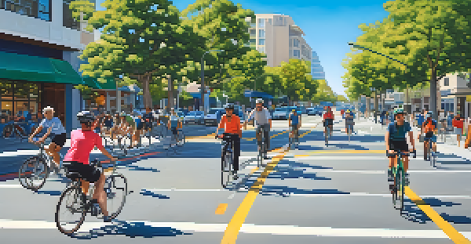 A colorful city view of San Jose with cyclists using dedicated bike lanes, surrounded by buildings and greenery.