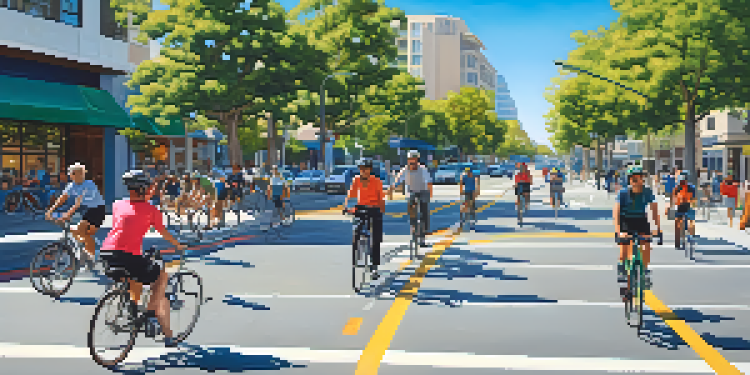 A colorful city view of San Jose with cyclists using dedicated bike lanes, surrounded by buildings and greenery.