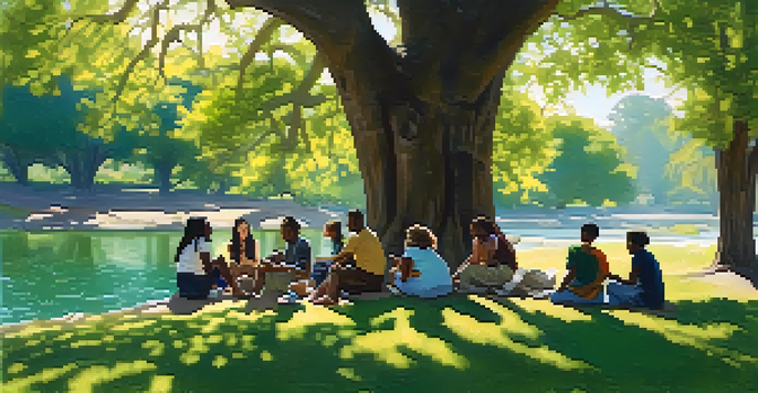 A diverse group of people having a supportive conversation in a sunny park, with trees and a stream in the background.