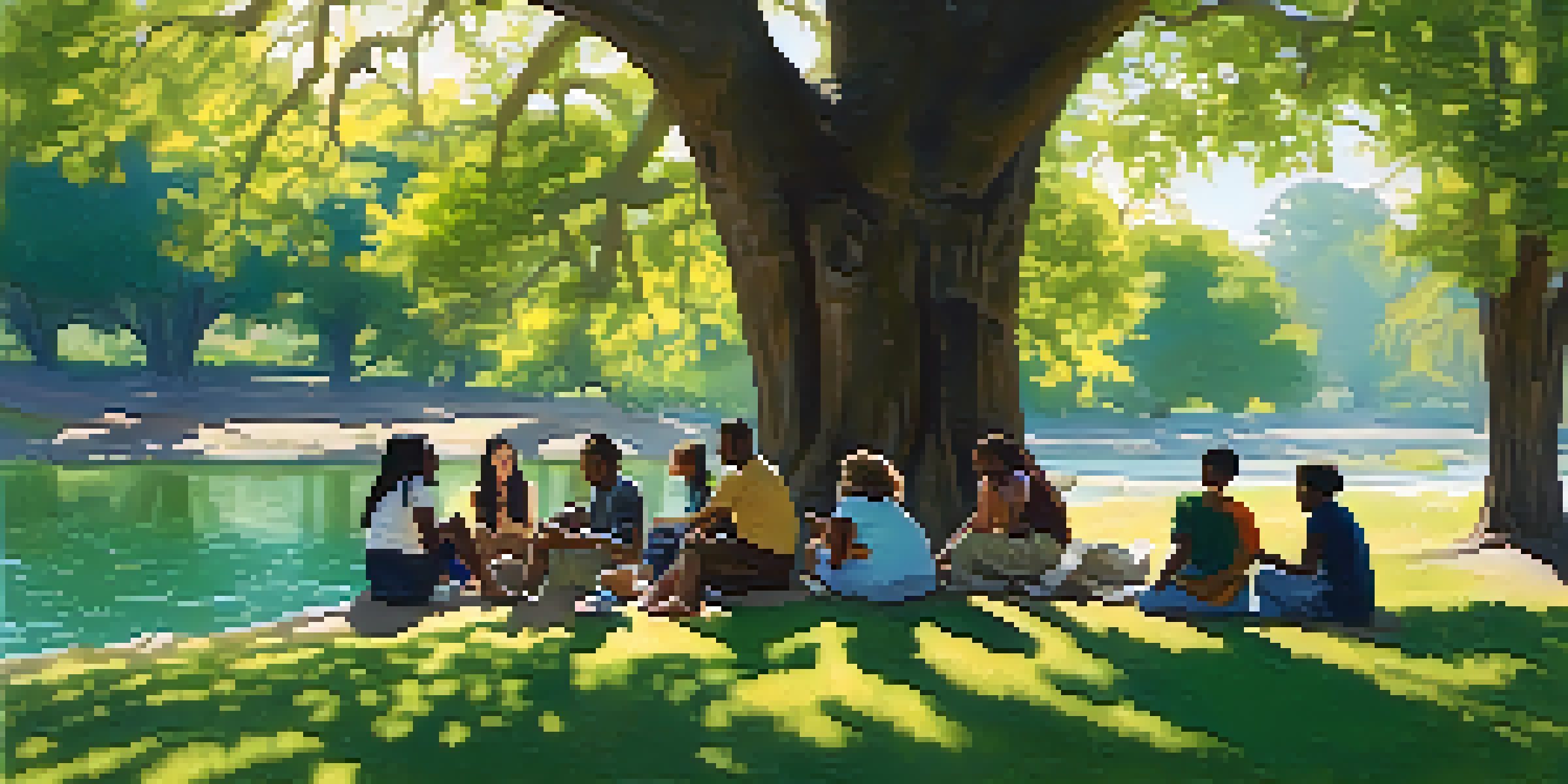 A diverse group of people having a supportive conversation in a sunny park, with trees and a stream in the background.