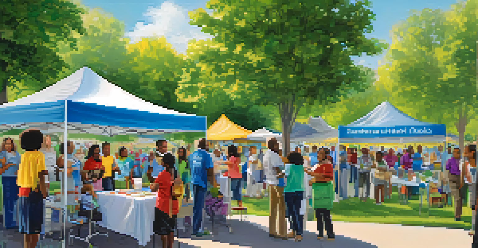 A lively community health clinic outreach event in a park, with families engaging in health screenings and educational activities.