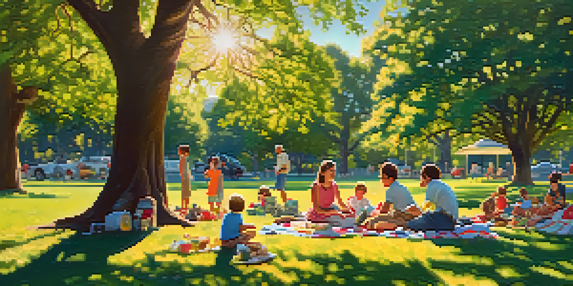 A family having a picnic at Kelley Park with children playing in the grass and the Happy Hollow Park & Zoo in the background.