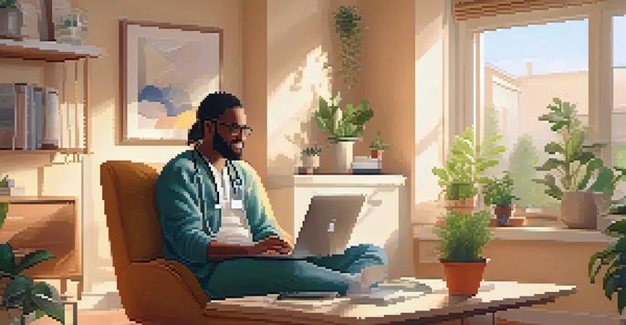 A patient at home consulting a doctor via video call on a laptop in a bright and cozy room.