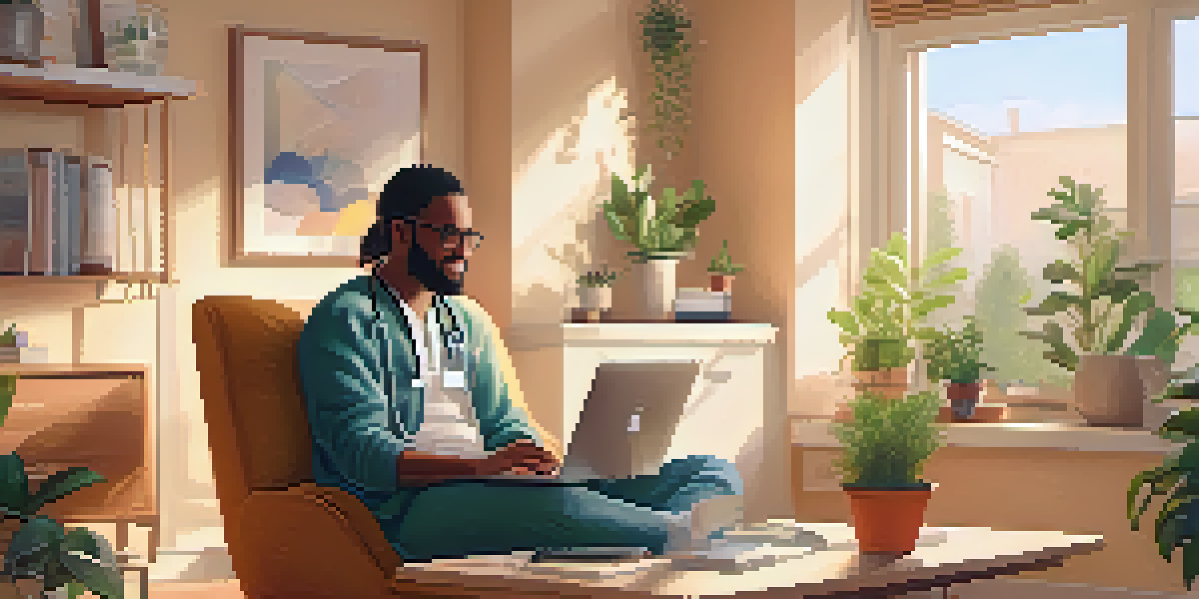 A patient at home consulting a doctor via video call on a laptop in a bright and cozy room.