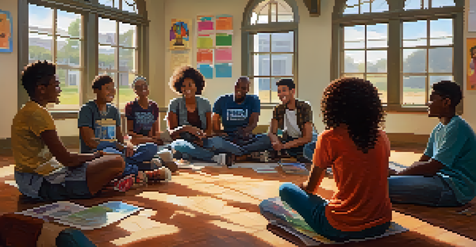 A diverse group of young people engaged in a mentorship session in a bright community center, with a mentor leading the discussion.
