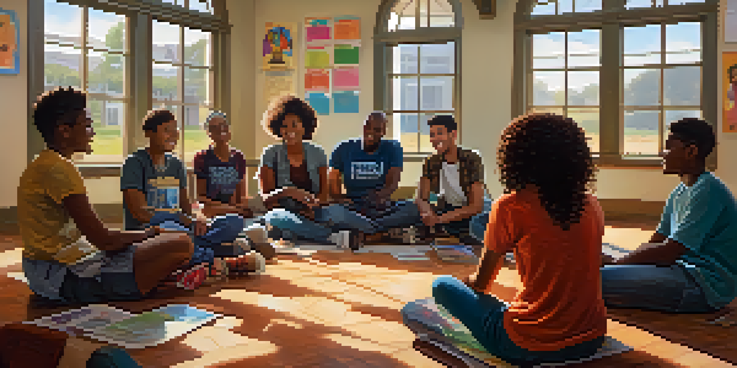 A diverse group of young people engaged in a mentorship session in a bright community center, with a mentor leading the discussion.