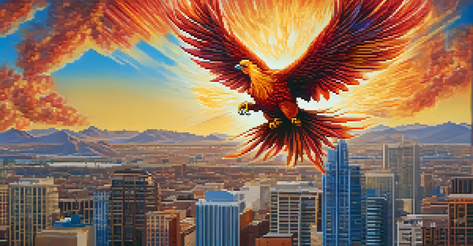 A vibrant mural of a phoenix rising, symbolizing resilience, with a city skyline in the background.
