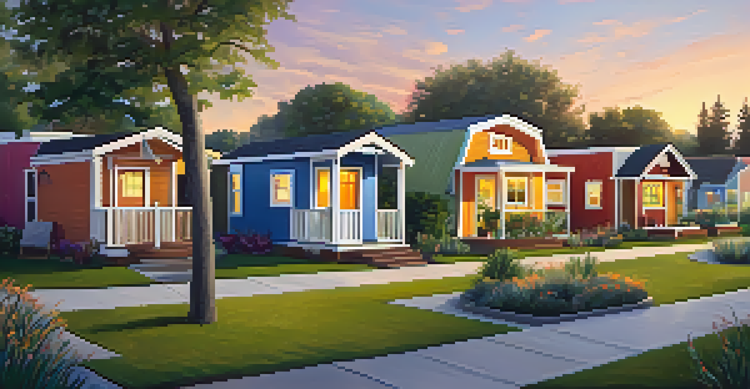 A tiny home community in San Jose at sunset, showcasing colorful homes and communal gardens with people enjoying their surroundings.