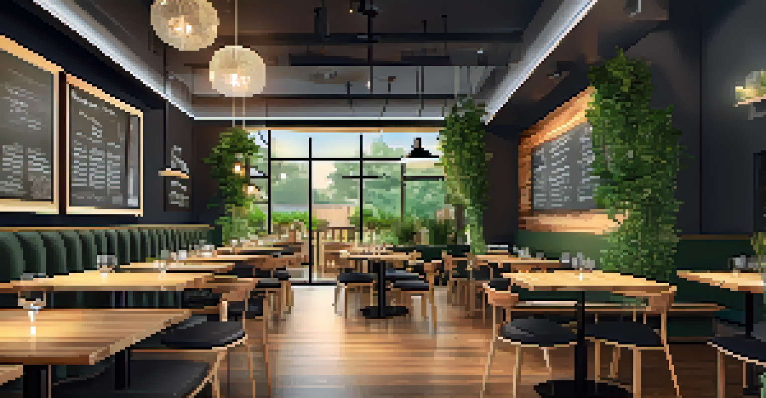 A modern vegan restaurant interior with elegant table settings and ambient lighting.