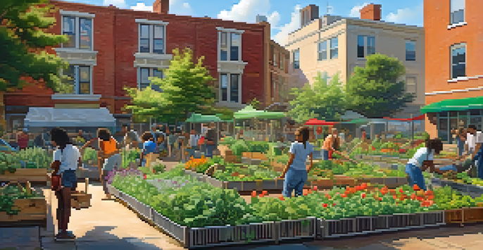 A lively community garden with people of different backgrounds gardening together, surrounded by greenery and colorful flowers, with a mural being painted in the background.