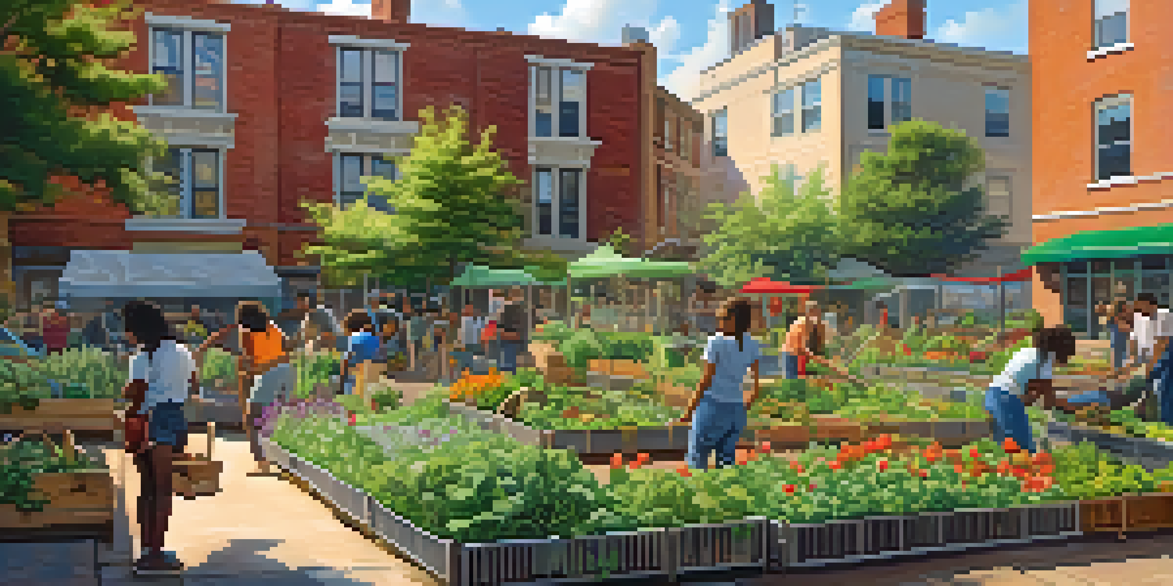 A lively community garden with people of different backgrounds gardening together, surrounded by greenery and colorful flowers, with a mural being painted in the background.