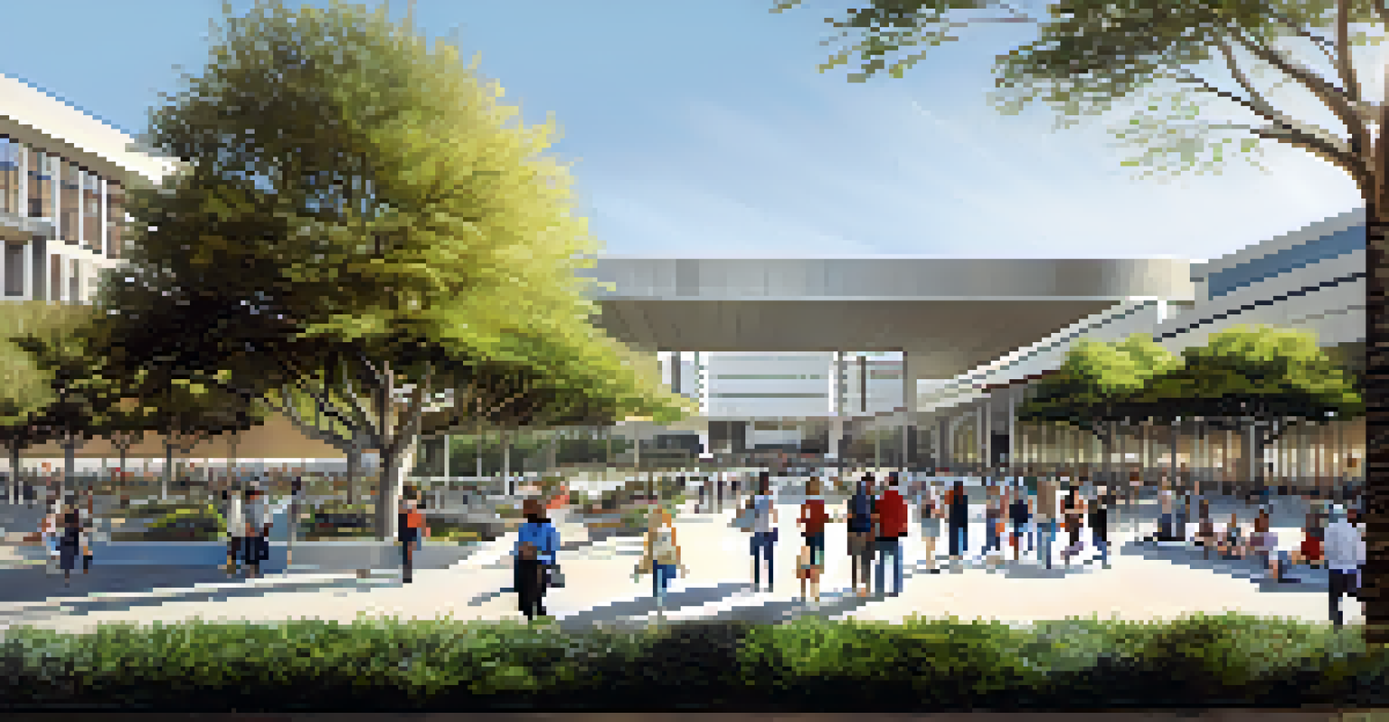 A wide-angle view of the San Jose Civic Center, illustrating the blend of modern architecture and historical design with people enjoying the plaza.