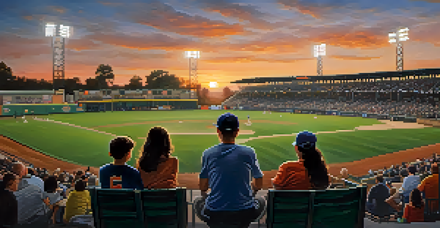 A family enjoying a Minor League Baseball game at Excite Ballpark, with players on the field and a sunset in the background.