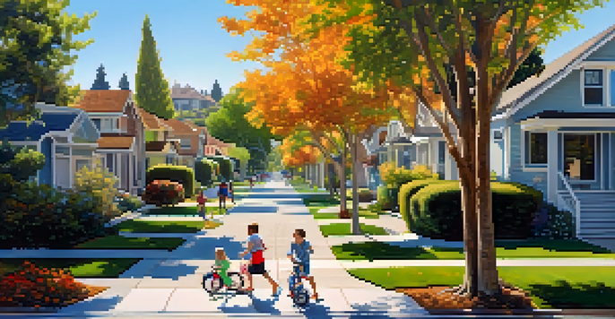 A lively suburban neighborhood in San Jose with families in a park, modern homes, and lush greenery under a sunny sky.