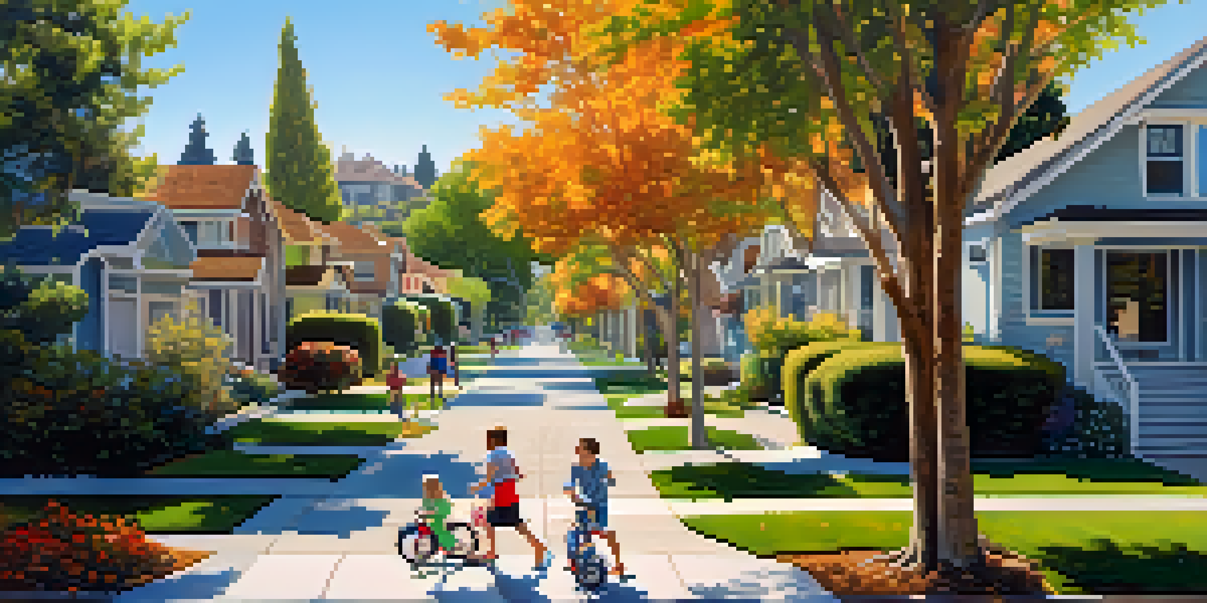 A lively suburban neighborhood in San Jose with families in a park, modern homes, and lush greenery under a sunny sky.