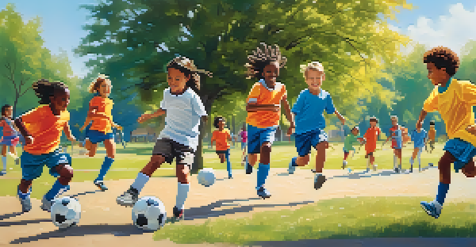 A diverse group of children playing soccer in a sunny park, with colorful jerseys and trees in the background.