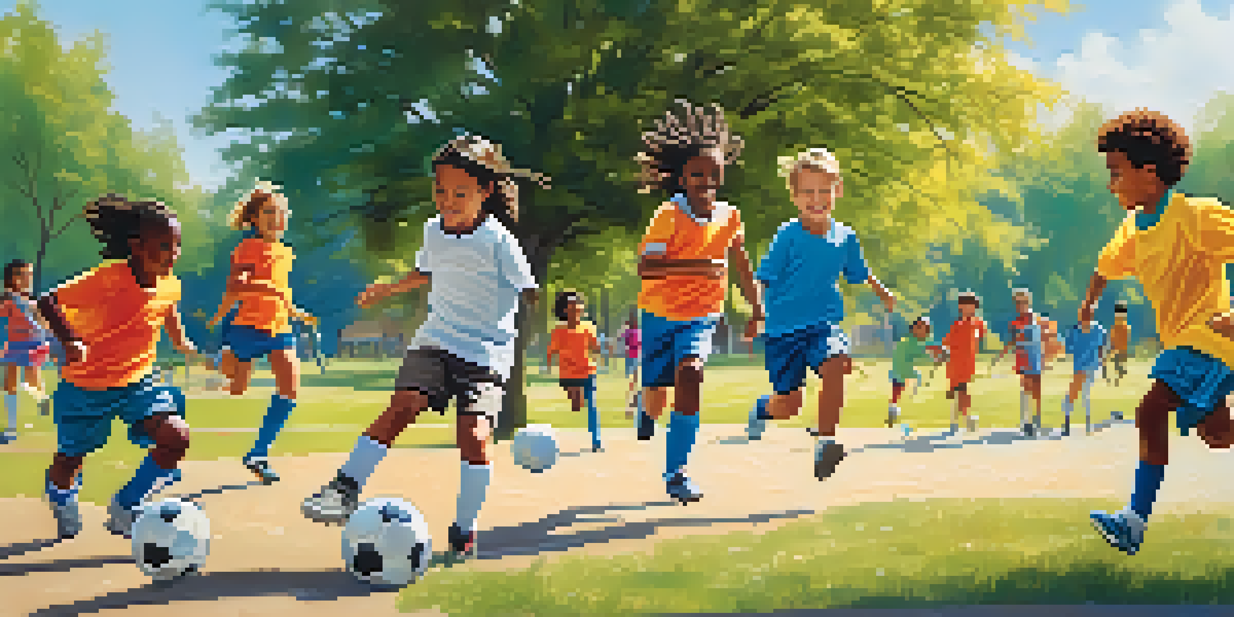 A diverse group of children playing soccer in a sunny park, with colorful jerseys and trees in the background.