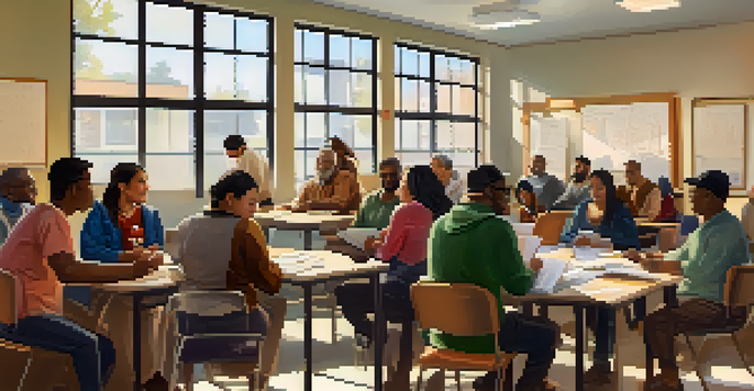 A diverse group of immigrants in a community center attending a financial literacy workshop with a facilitator.