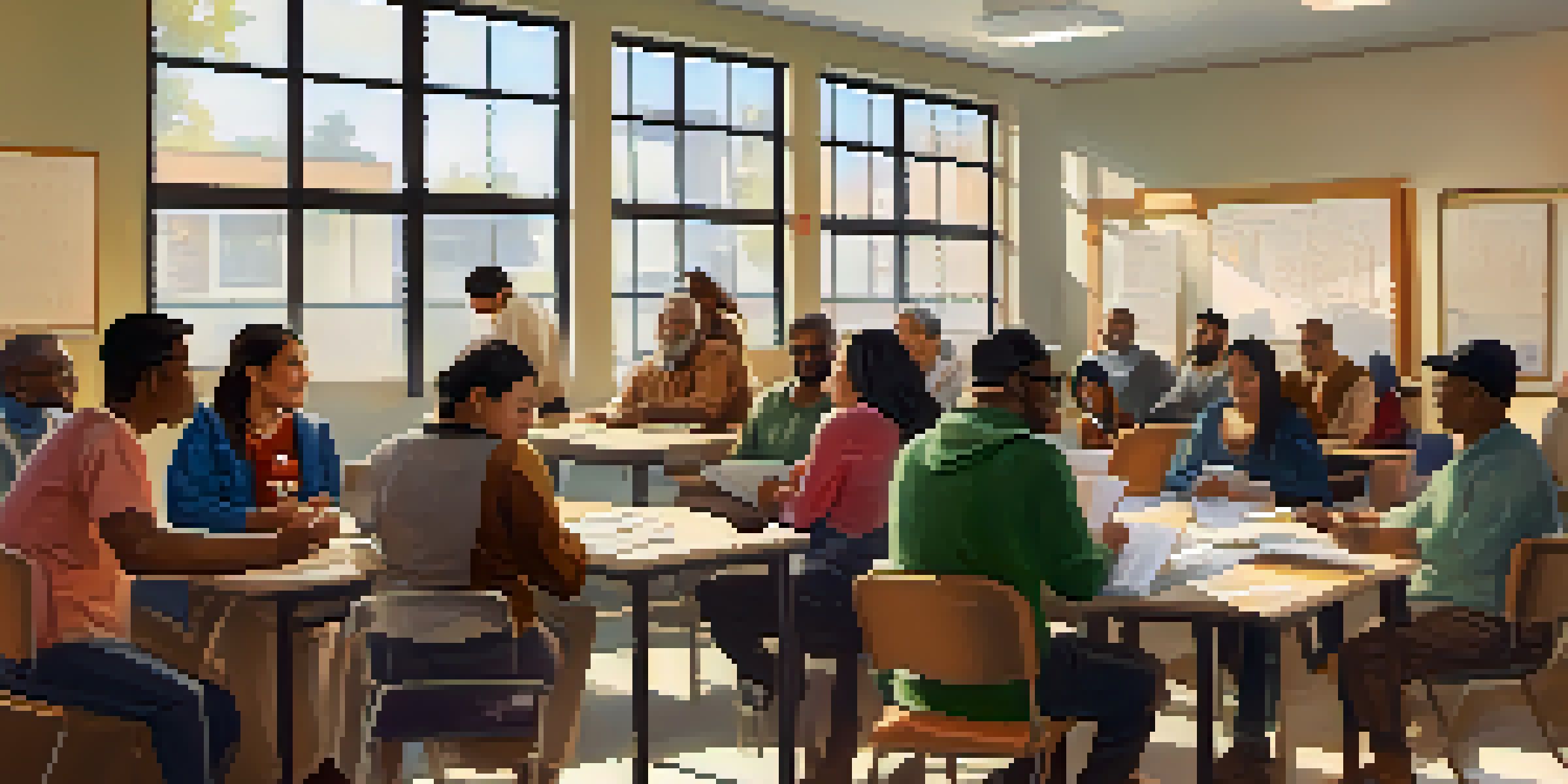 A diverse group of immigrants in a community center attending a financial literacy workshop with a facilitator.