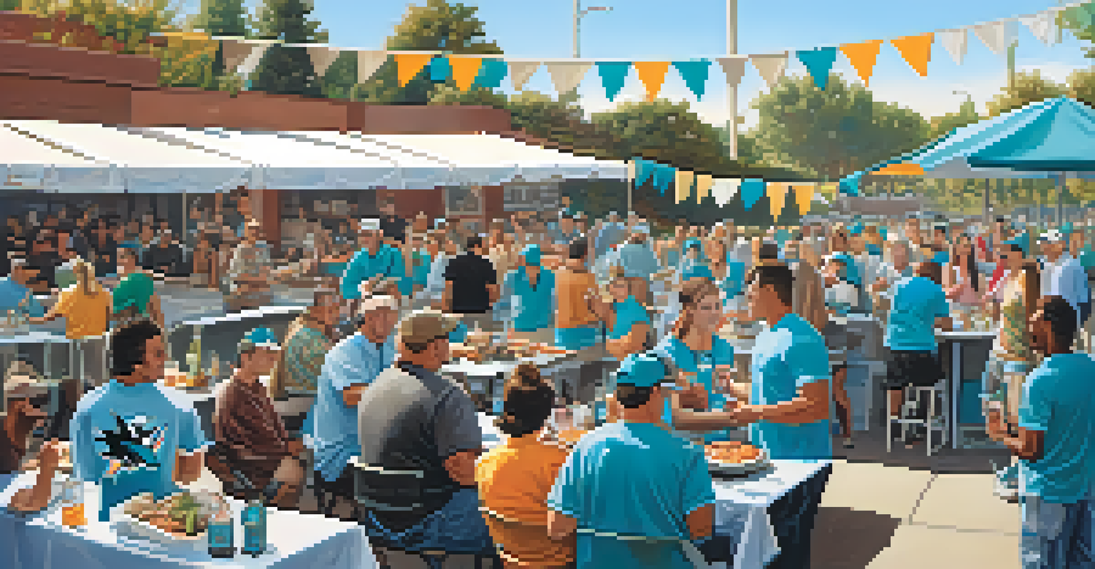Fans tailgating outside the SAP Center, enjoying food and drinks while wearing San Jose Sharks gear.