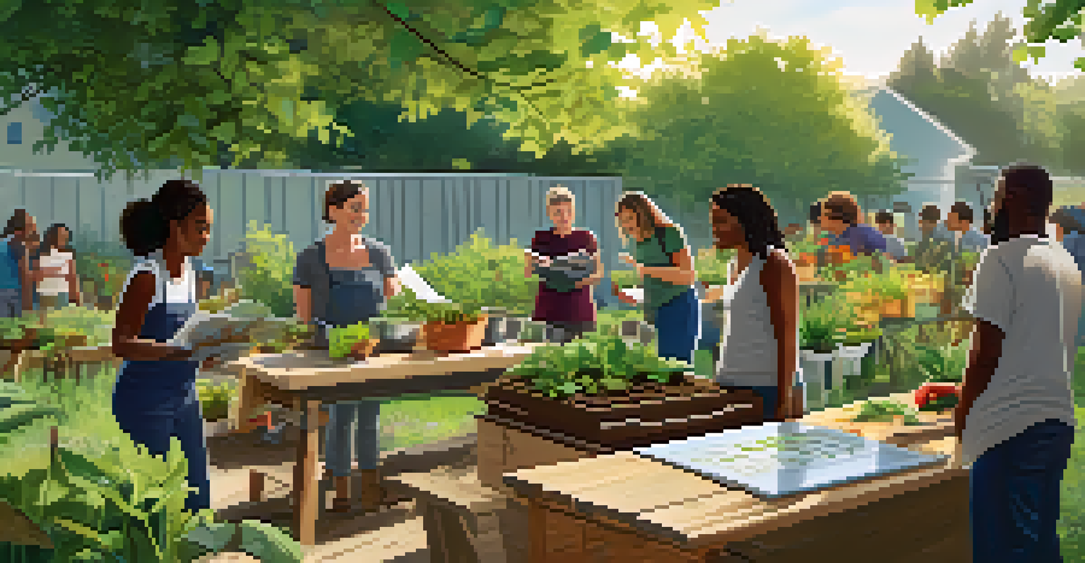 A community gardening workshop about composting, featuring a diverse group of participants and an instructor demonstrating the process in a lush garden setting.