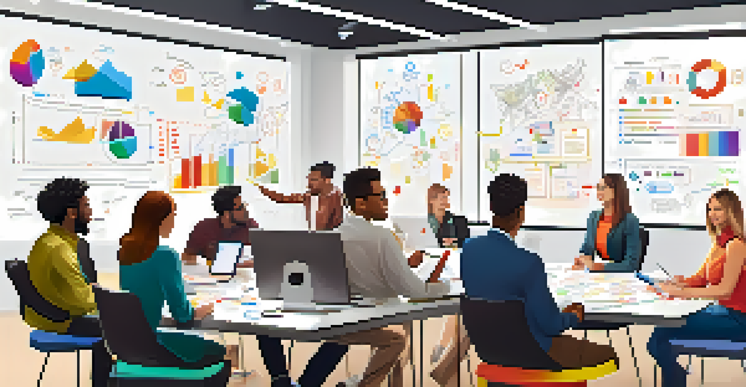 A diverse group of young professionals engaged in a brainstorming session, surrounded by colorful diagrams on whiteboards.