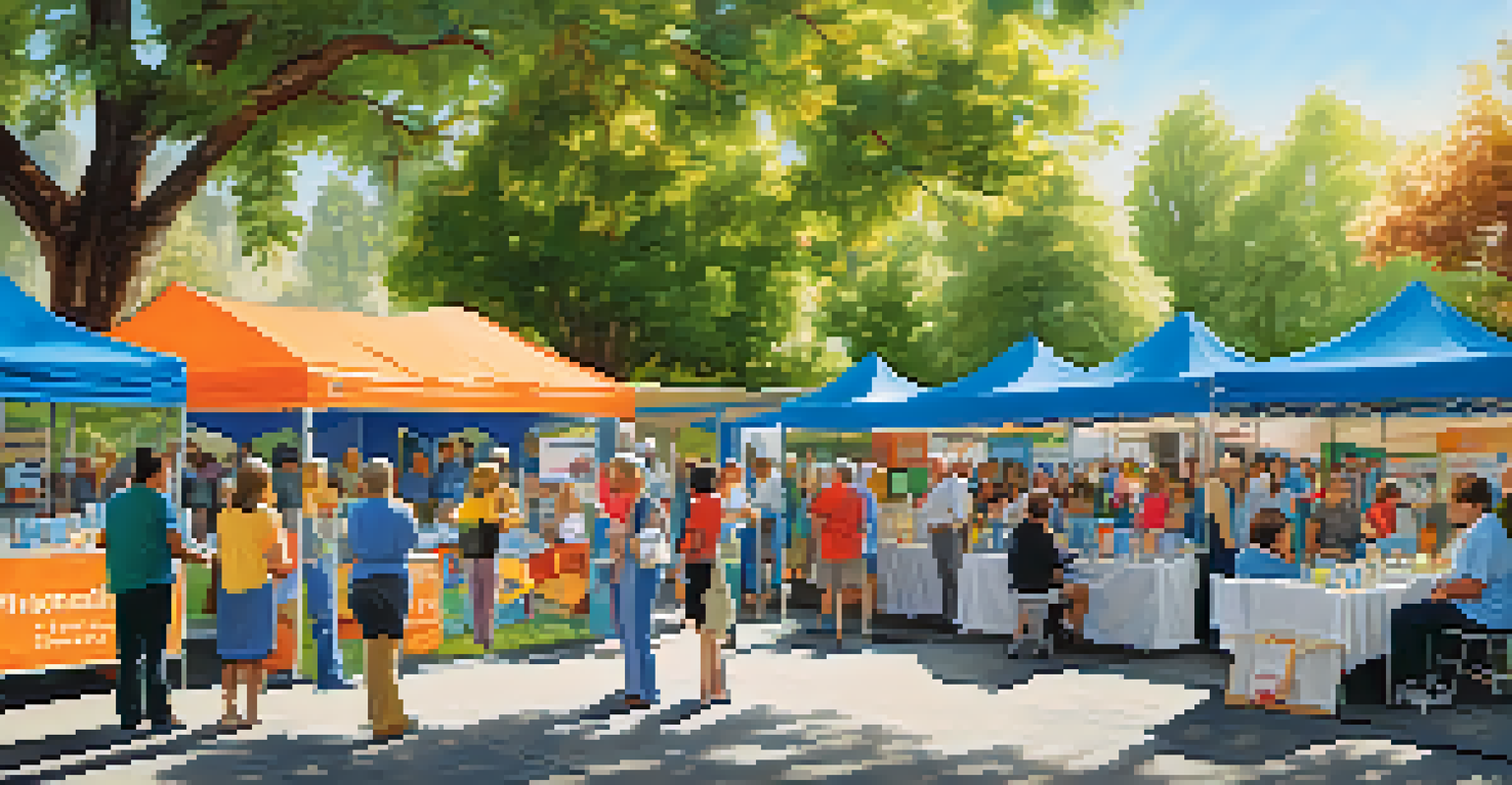 An outdoor health fair with booths offering screenings and information, families interacting, and bright banners promoting preventive care under a sunny sky.