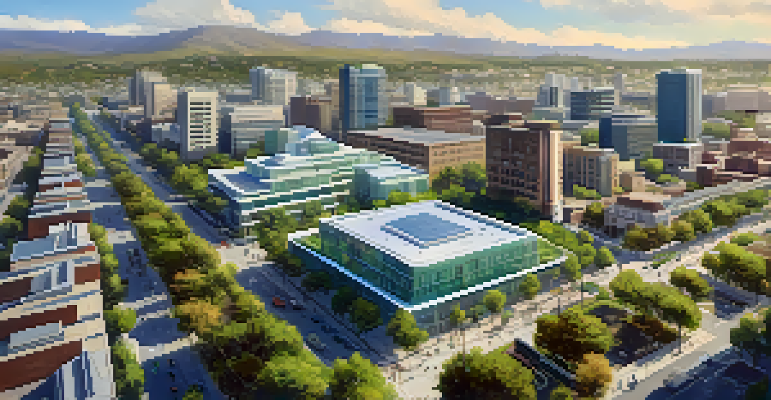 Aerial view of San Jose highlighting upgraded infrastructure, including retrofitted buildings and green spaces, under a clear blue sky.