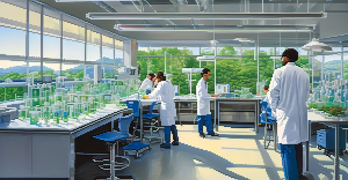 A busy biotechnology lab with scientists in white lab coats, advanced equipment, and natural light coming through large windows.