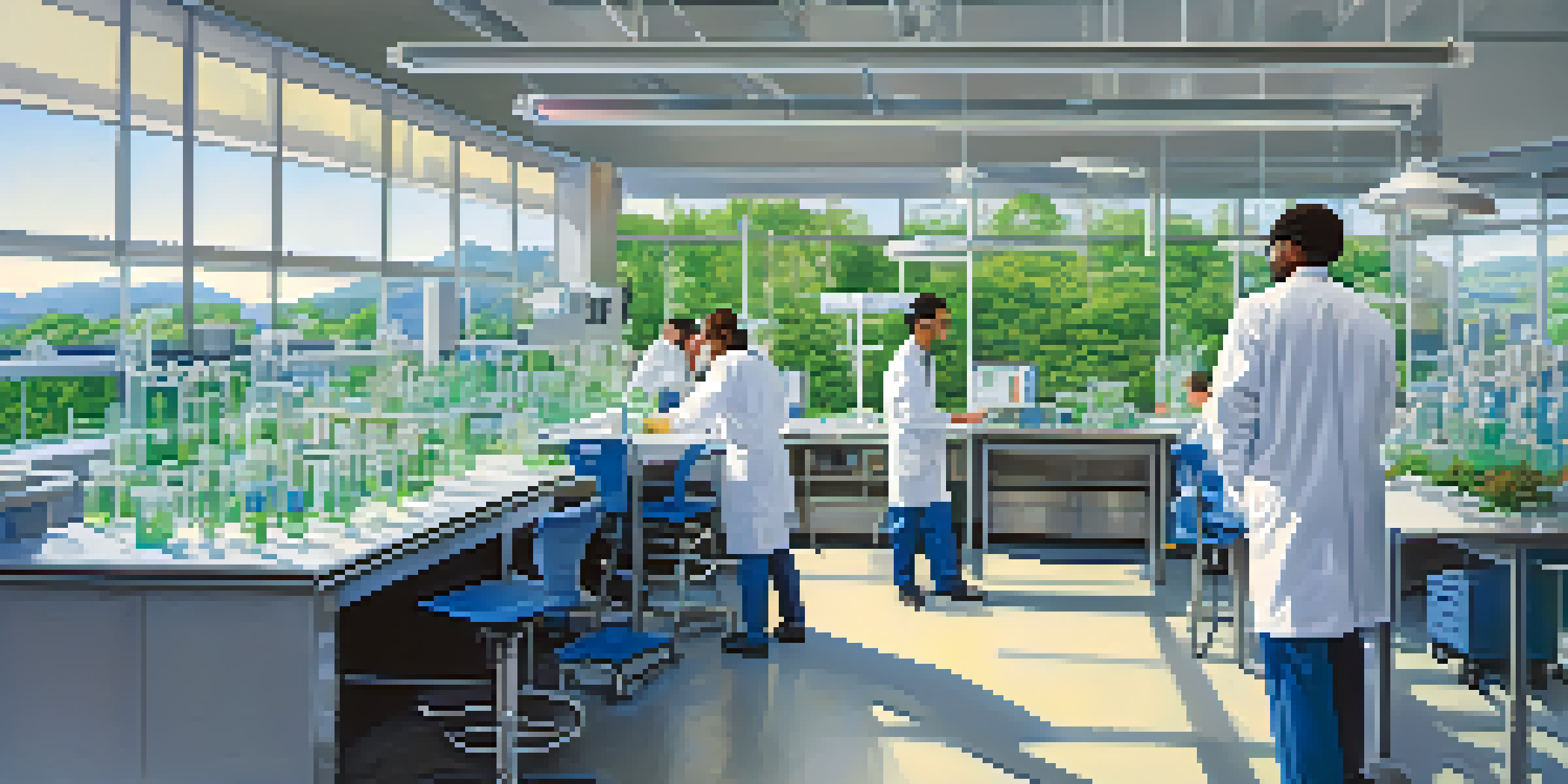 A busy biotechnology lab with scientists in white lab coats, advanced equipment, and natural light coming through large windows.