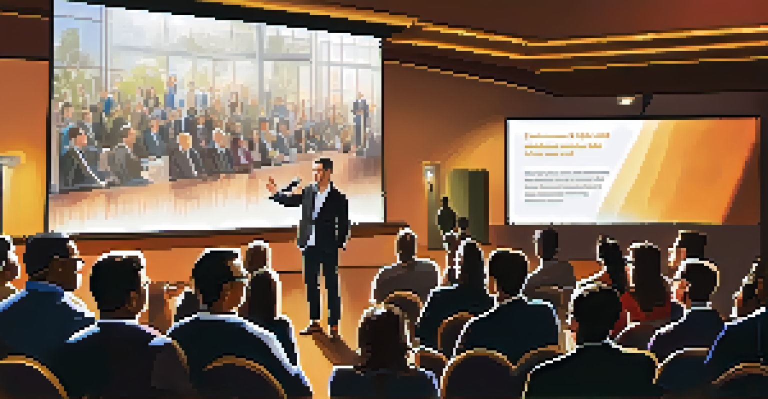 An inspiring speaker sharing a success story at a networking event, with an attentive audience.
