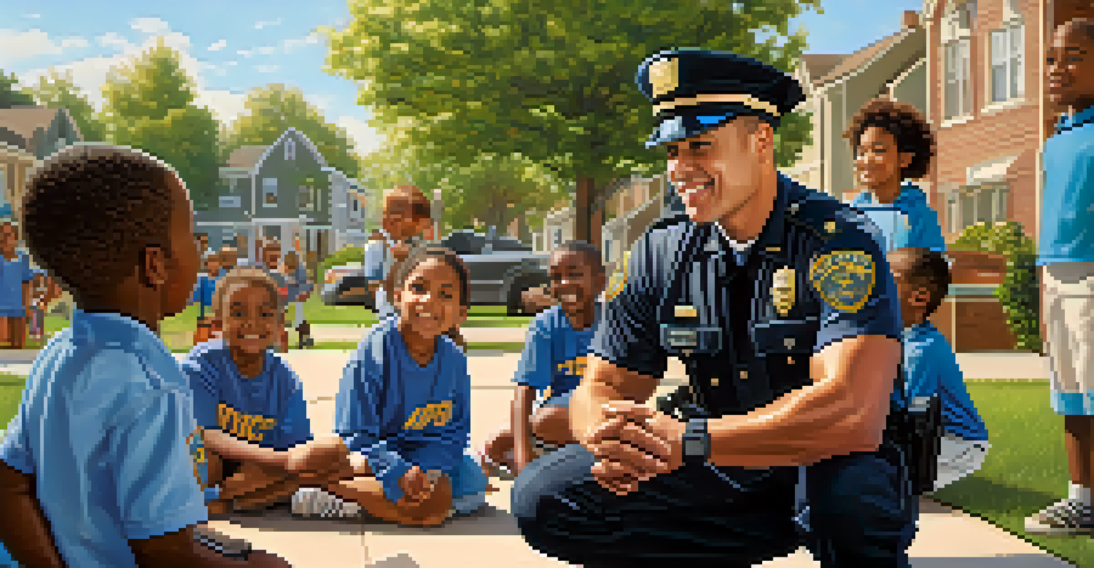 A police officer interacting with children at a neighborhood event, fostering community relations.