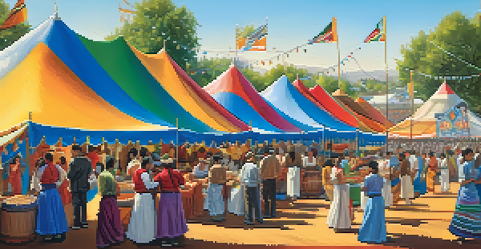 A lively cultural festival in San Jose with colorful tents, artists, musicians, and performers in traditional attire, set against a bright blue sky.