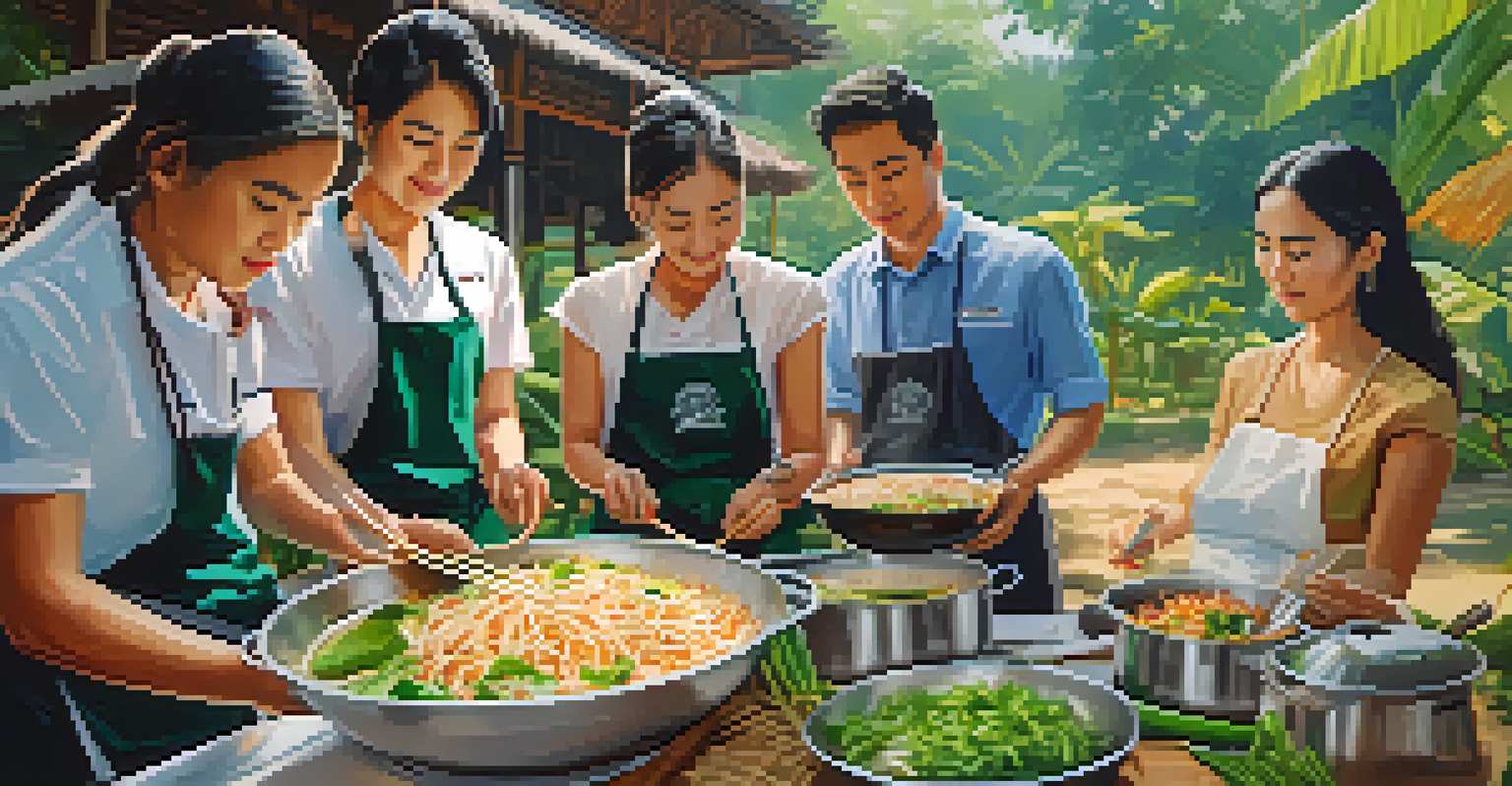 A cooking class in Thailand showing a local chef teaching Pad Thai preparation, surrounded by students and fresh ingredients.